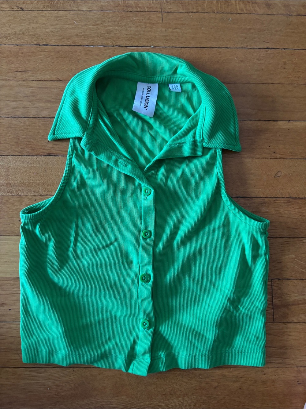 Collusion Green Ribbed Button-Front Sleeveless Collared Top
